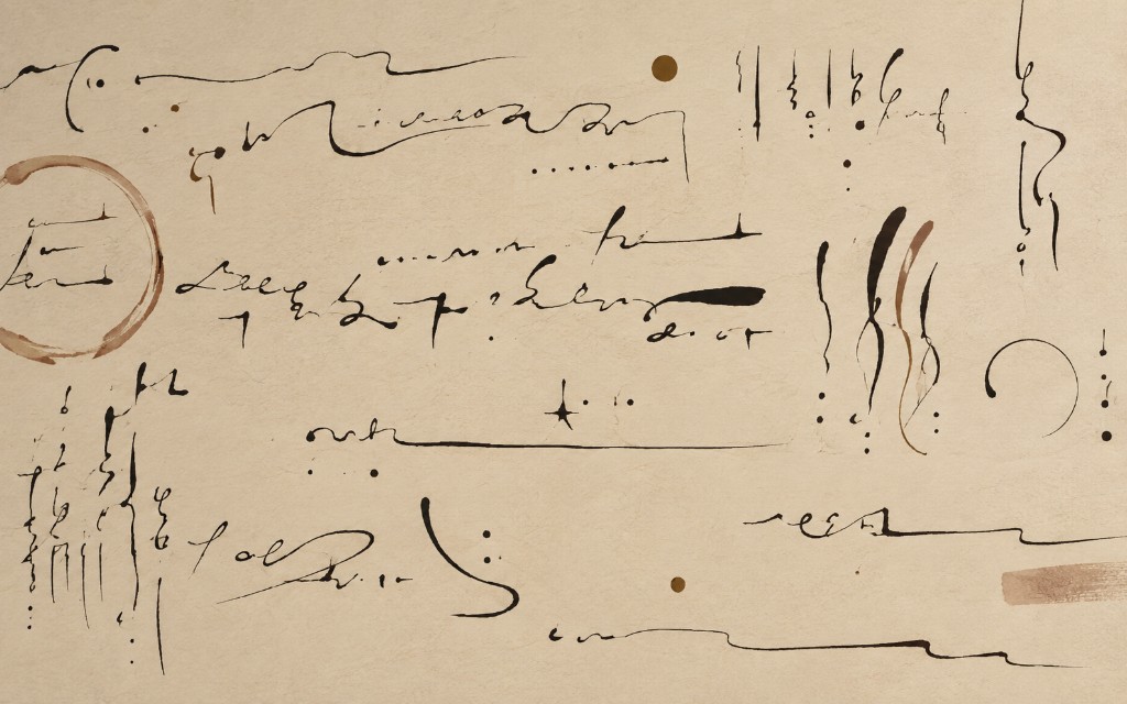 Asemic marks in ink on warm paper: loose strokes, dots, a ring, and a few vertical gestures.