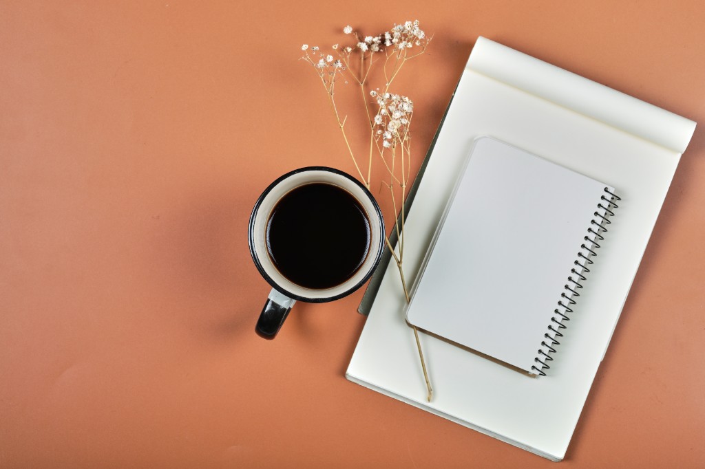 Overhead view of black coffee, a blank spiral notebook, and a sprig of dried flowers on a terracotta surface.