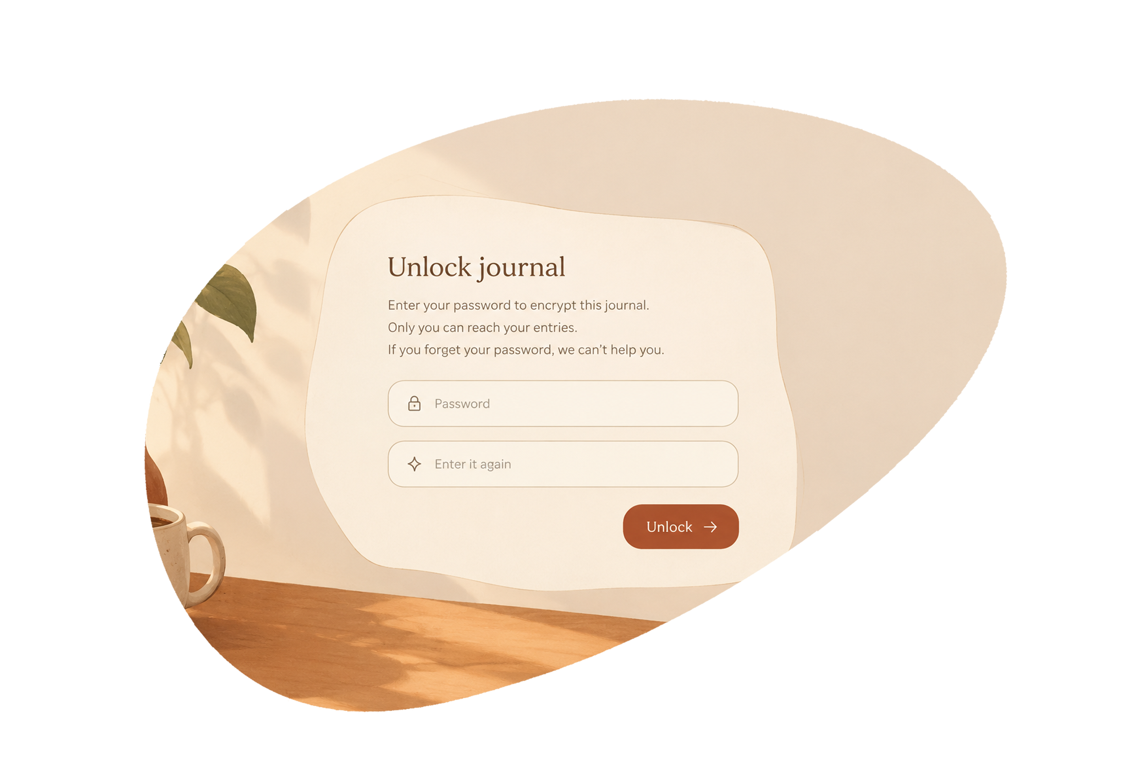A laptop on a garden table, open to the youish unlock journal screen, with loose pencil strokes around it.